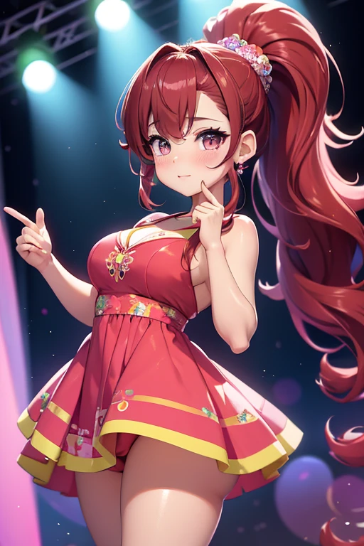 cute girl, shortstackbt, curly hair, long ponytail, broad lips, in a party, bright party dress, colorful, shy pose, blush, makeup