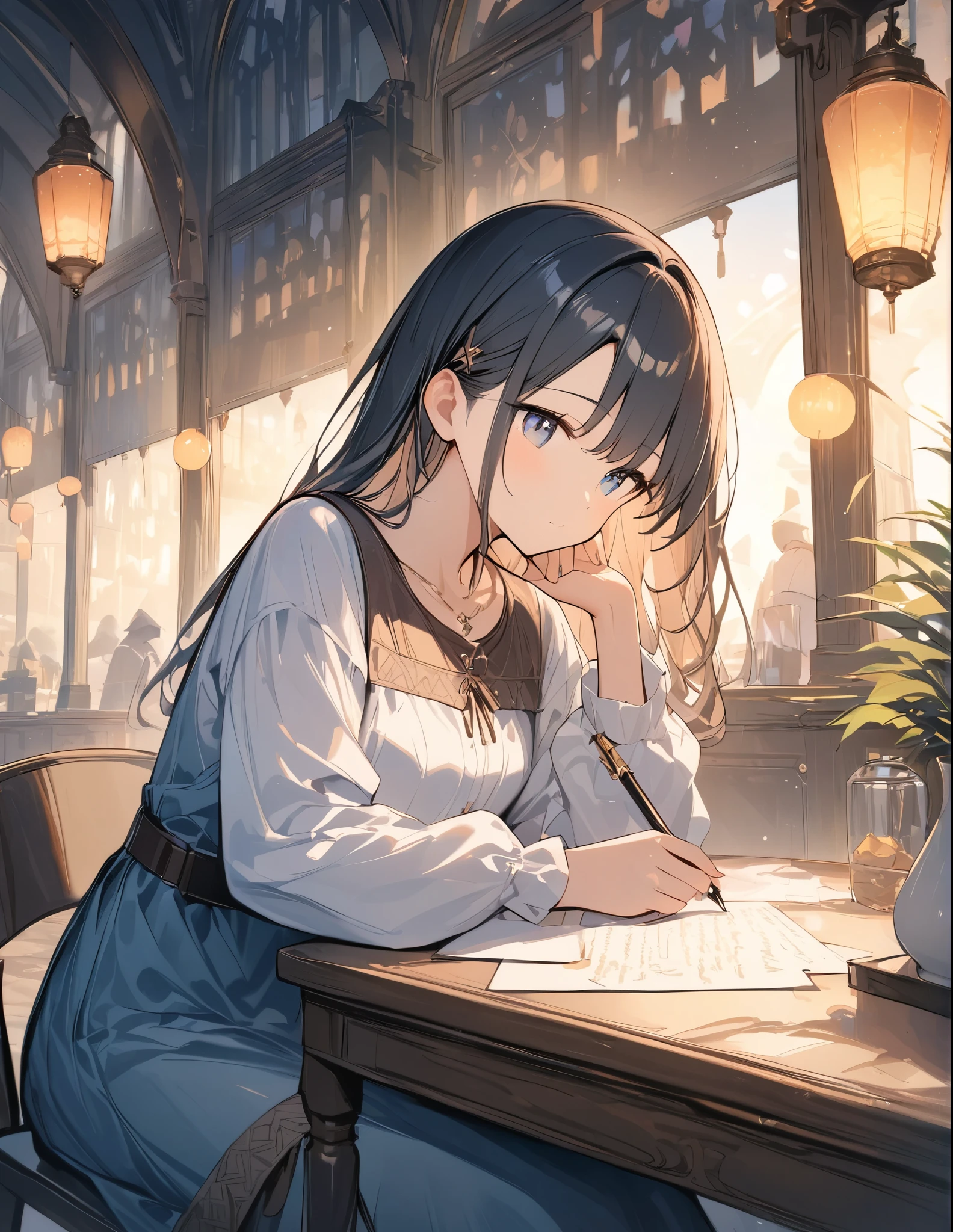 ((Amazingly absurd)),超High resolution, Attention to detail, high quality, High resolution, 最high quality, 4K, 8k,Night room、Lantern Light、fountain pen、Woman Writing Letters、Medieval European casual wear、dress、A warm piece、A painting style with a blurred effect