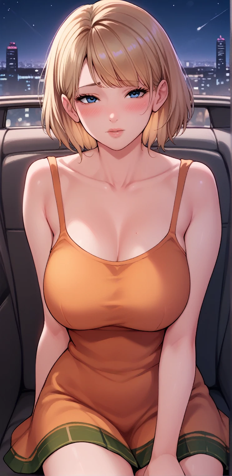 score_9, score_8_up, score_7_up, score_6_up, score_5_up, score_4_up, Ashley Graham, blue eyes, blonde hair, short hair, large breasts, mature woman,  1girl, short_hair, blush, blue_eyes, brown_hair, lips, purple_hair, solo, dress, long  orange dress, jewelry, bare shoulders, loose dress, night, city, outdoors, POV date, collarbone, cars, Sit on top cars, dress slipping, blushing, shy, long orange dress, cute, looking at viewer shyly