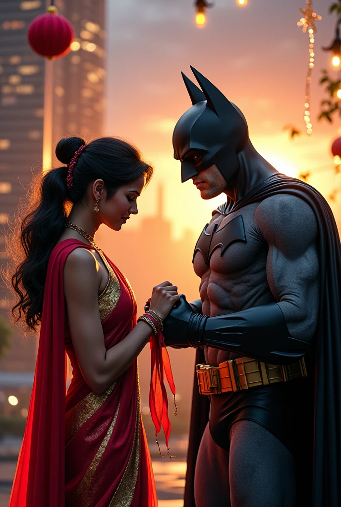 Superladey is tying a rakhi on Batman's hand.