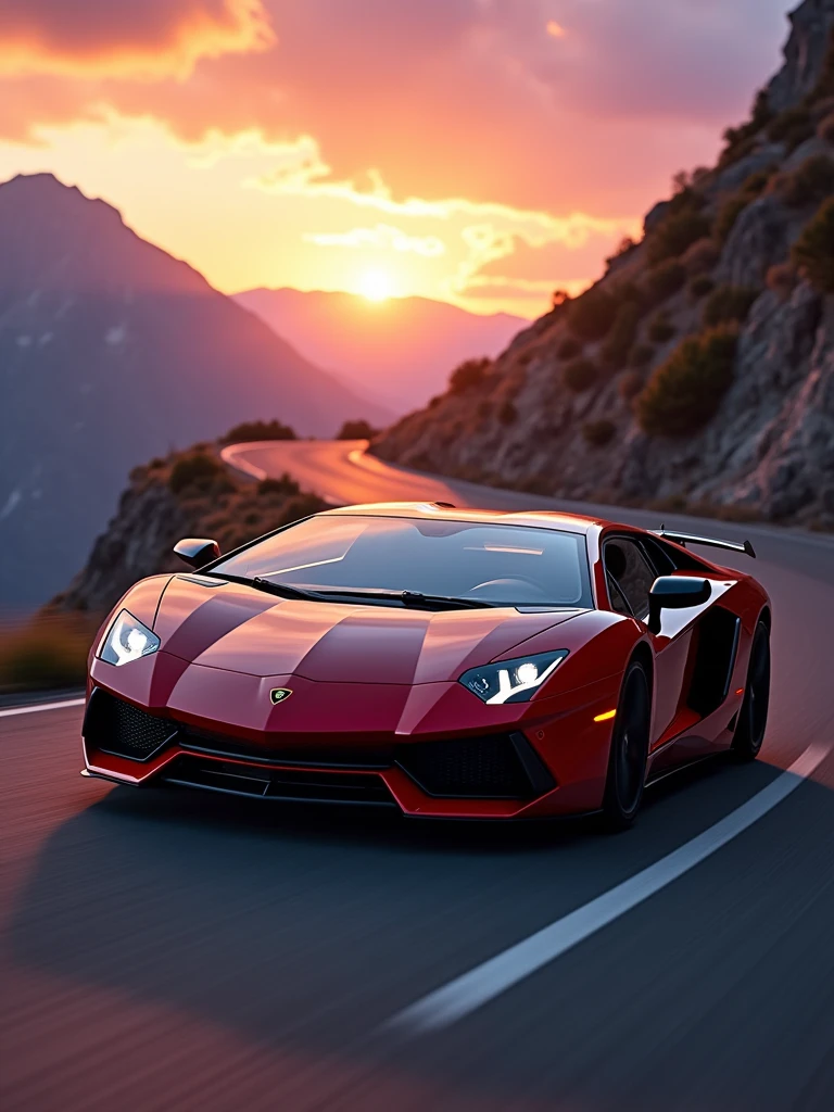 Capture the essence of speed and luxury with a Lamborghini Aventador racing through a winding mountain road at dusk. Showcase its (sleek:1.3) and (aerodynamic:1.2) silhouette, (striking:1.1) angular design, and (glossy:1.1) paint. Illuminate the scene with vibrant colors and dynamic lighting to convey a sense of exhilaration.