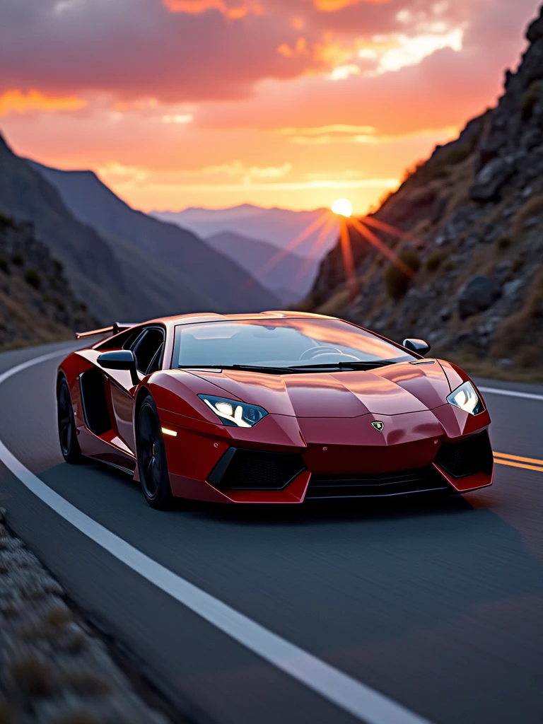 Capture the essence of speed and luxury with a Lamborghini Aventador racing through a winding mountain road at dusk. Showcase its (sleek:1.3) and (aerodynamic:1.2) silhouette, (striking:1.1) angular design, and (glossy:1.1) paint. Illuminate the scene with vibrant colors and dynamic lighting to convey a sense of exhilaration.