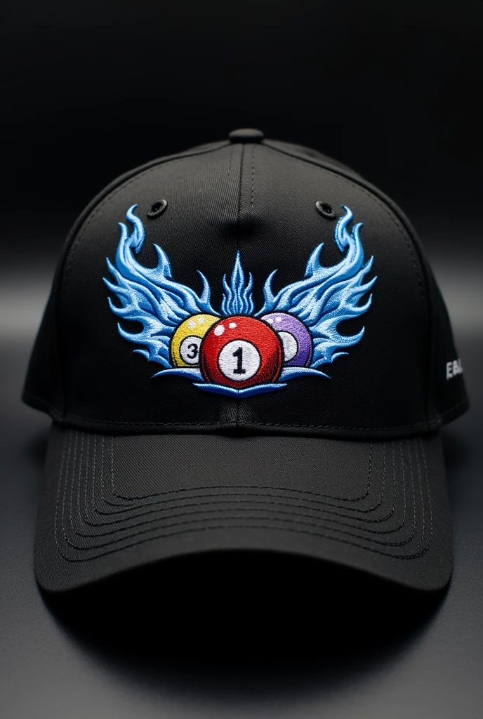 Generate a black and white cap that has a design with 3 billiard balls in the middle of the cap. The billiard balls should be printed on the cap and I want it to have blue flames printed on the cap. Remember that I want the flames printed on the cap, not animated printed. I want the embroidery to be noticeable without animated flames. 
