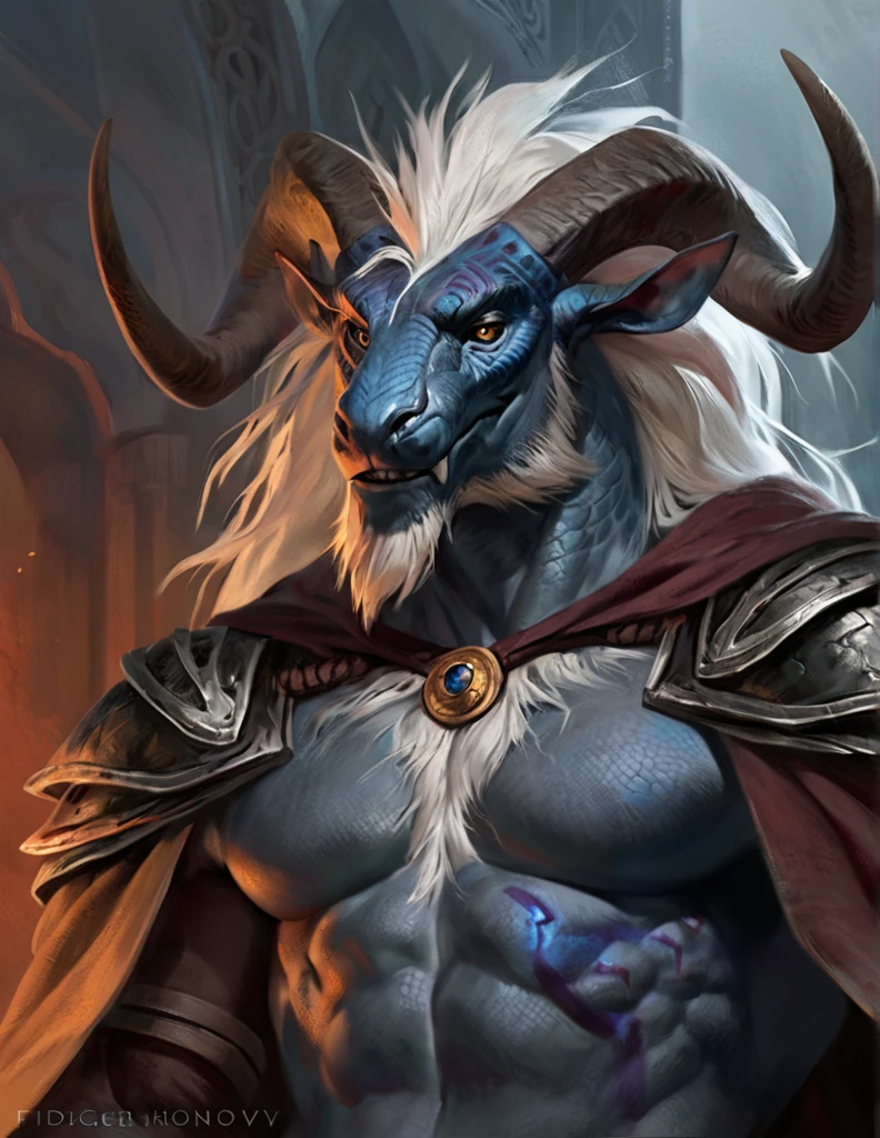 a ferocious male lizardfolk sellsword, muscular detailed body, strong facial features, seductively grinning, ram horns with red runes etched into them, long white mane/beard, sapphire color scales, beautiful detailed gold eyes, black sclera, masculine pose, tall topless, leather armor, gold cloak, comic book style, best quality, 4k, ultra-detailed, realistic, dark fantasy, by laobai, by taran fiddler, by honovy, by darkgem, high resolution, insane definition