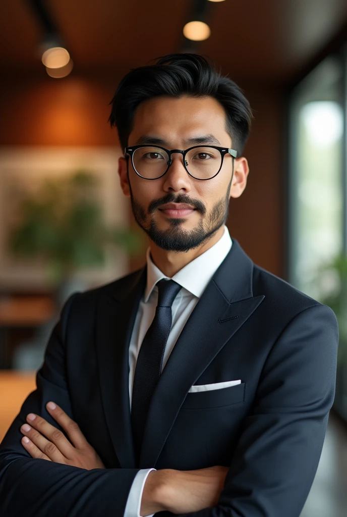 1boy, handsome male asia, face, beard, office background, wearing glasses, suit outfit, acmm tp outfit, acmm cp outfit, wearing acmm top, very attractive, blurry_background, (high detailed skin:0.8), 8k uhd, dslr, soft lighting, HDR, warm light, high quality, film grain, Fujifilm XT3,