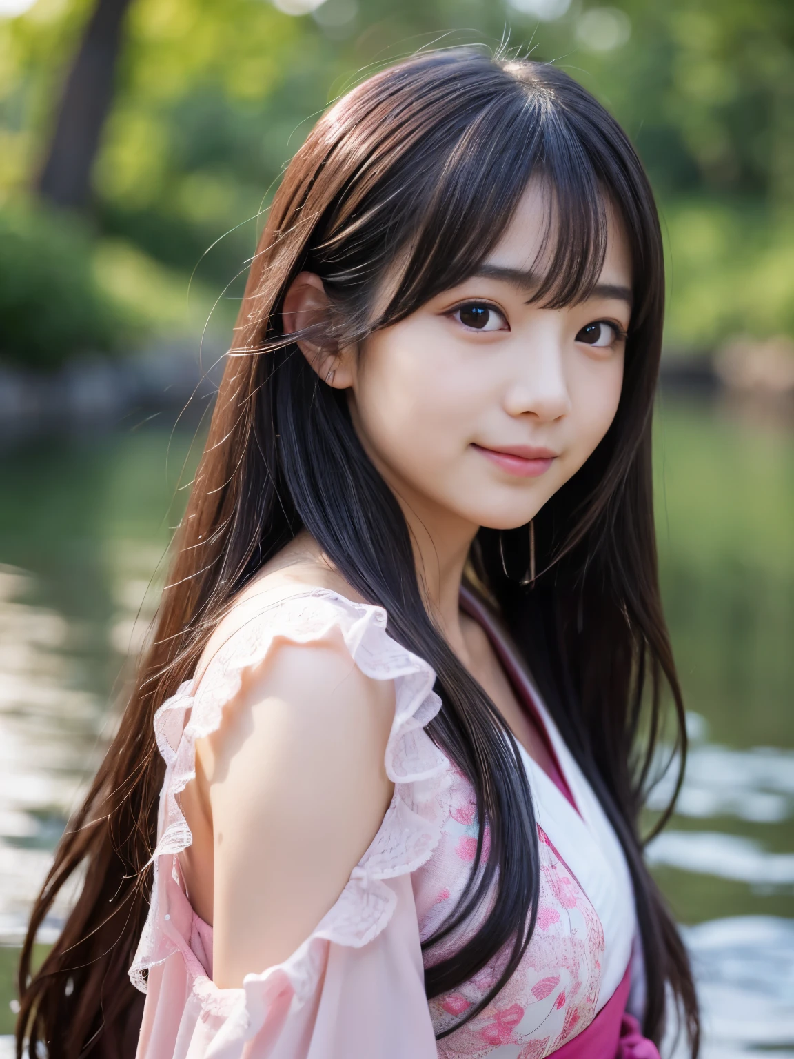 (Best-quality, Masterpiece, Ultra-High-Resolution, (Photorealistic:1.4), Raw Photo, depth of field, professional lighting), (at majestic river, flow of river, splash of water), (1girl, 15-years-old, famous Japanese-idol, innocent smile), (wearing light-pink clothes), (((extremely big black-eyes))), ((((extremely beautiful and extremely realistic skins)))), ((extremely beautiful long-eyelashes)), ((extremely cute face like a Japanese-idol)), ((black long-hair))