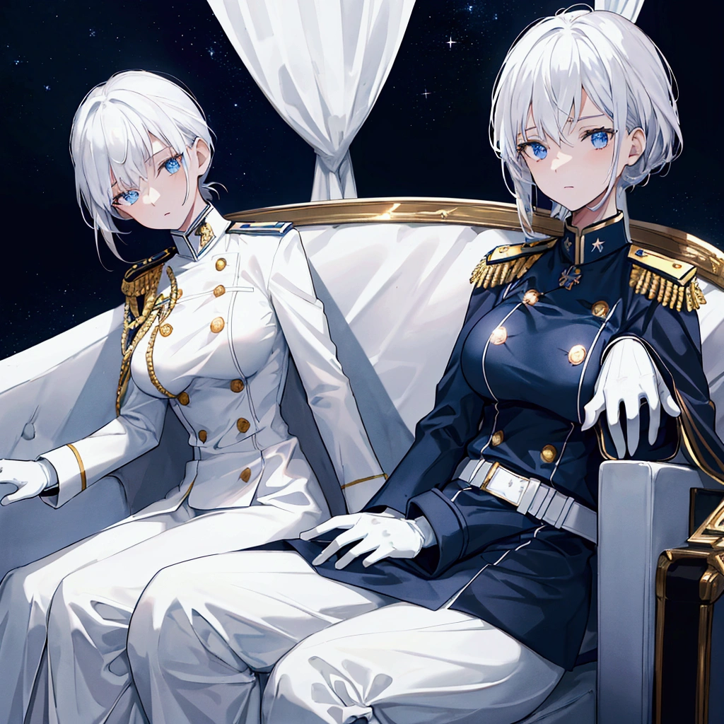 Night sky background, night time, Military uniform, dark blue uniform, white cape, white glove, 1woman, solo, white hair, high collar, shining hair, medium-large breast, sitting on couch, facing viewer, arrogant,