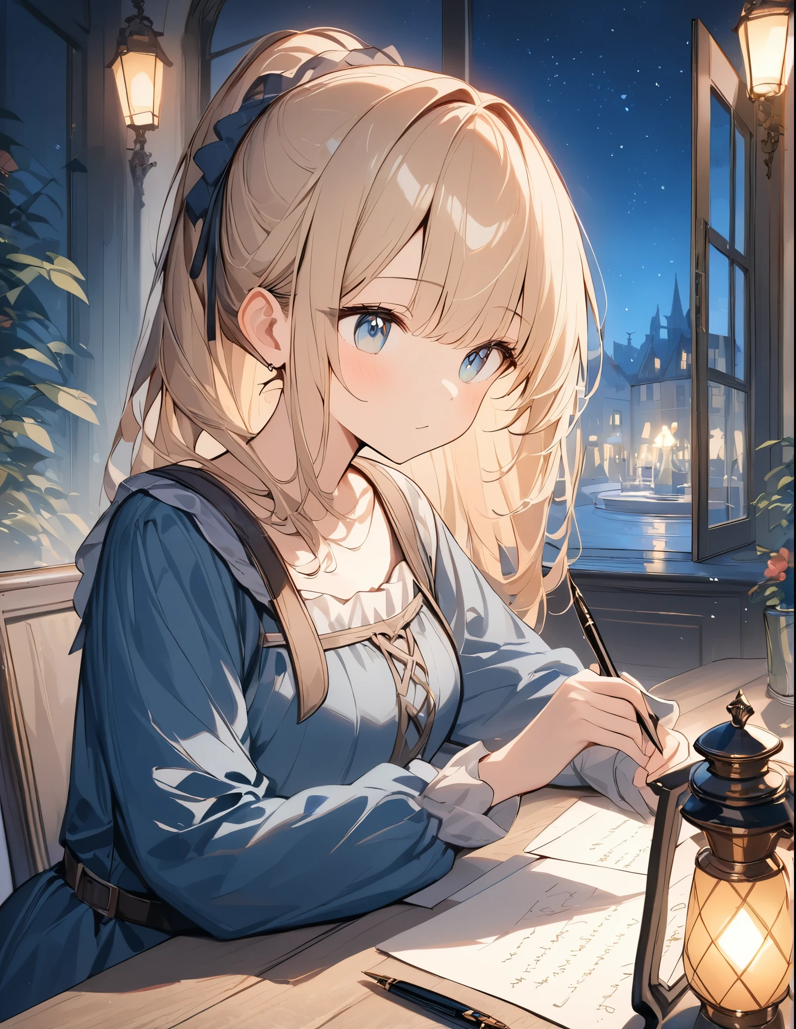 ((Amazingly absurd)),超High resolution, Attention to detail, high quality, High resolution, 最high quality, 4K, 8k,Night room、Lantern Light、fountain pen、Woman Writing Letters、Medieval European casual wear、dress、A warm piece、A painting style with a blurred effect