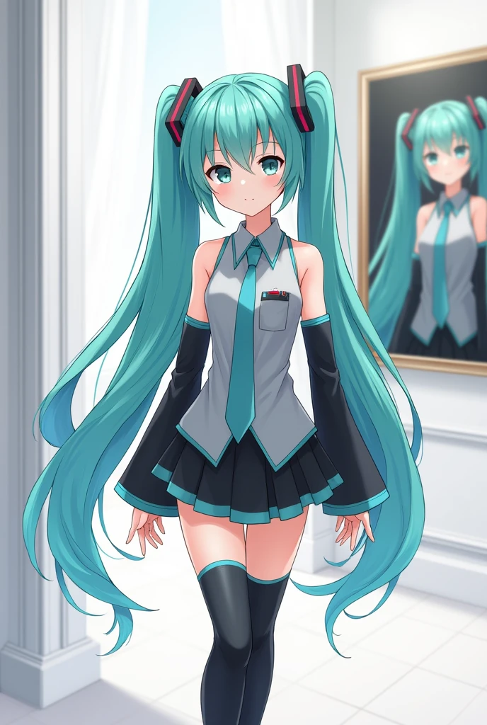 Anime art, anime style, detailed drawing, white background, high definition, high quality, one girl, solo, Miku Hatsune, aqua hair, twintails, headphones, 01 (red number tattoo on the left hand), grey shirt, collared shirt, sleveless shirt, black sleeves (aqua line), detached sleeves, five fingers, aqua nails, aqua necktie, black skirt (aqua line), pleated skirt, mini skirt, zettai ryouiki, thigh boots, black thigh-high (aqua line)
Super fine anime art
Miku Hatsune walking in art gallery; she looks at the wall; there's a painting of her on the wall