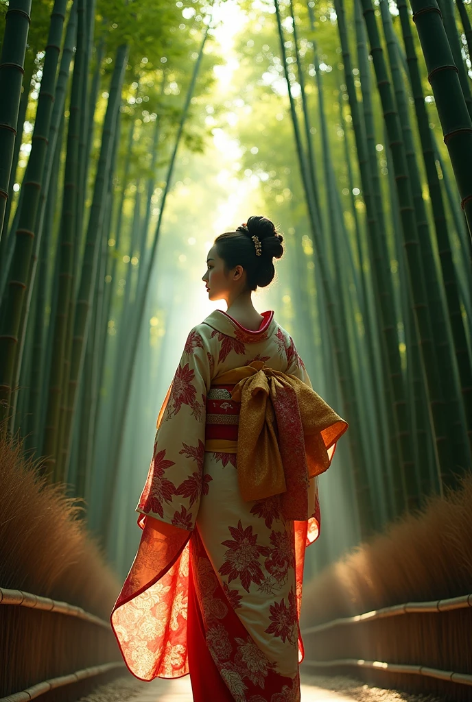 Bamboo Forest, walking Maiko girl, cinematic shot from below, fish eye lens, Pan-focus, sunlight scattering