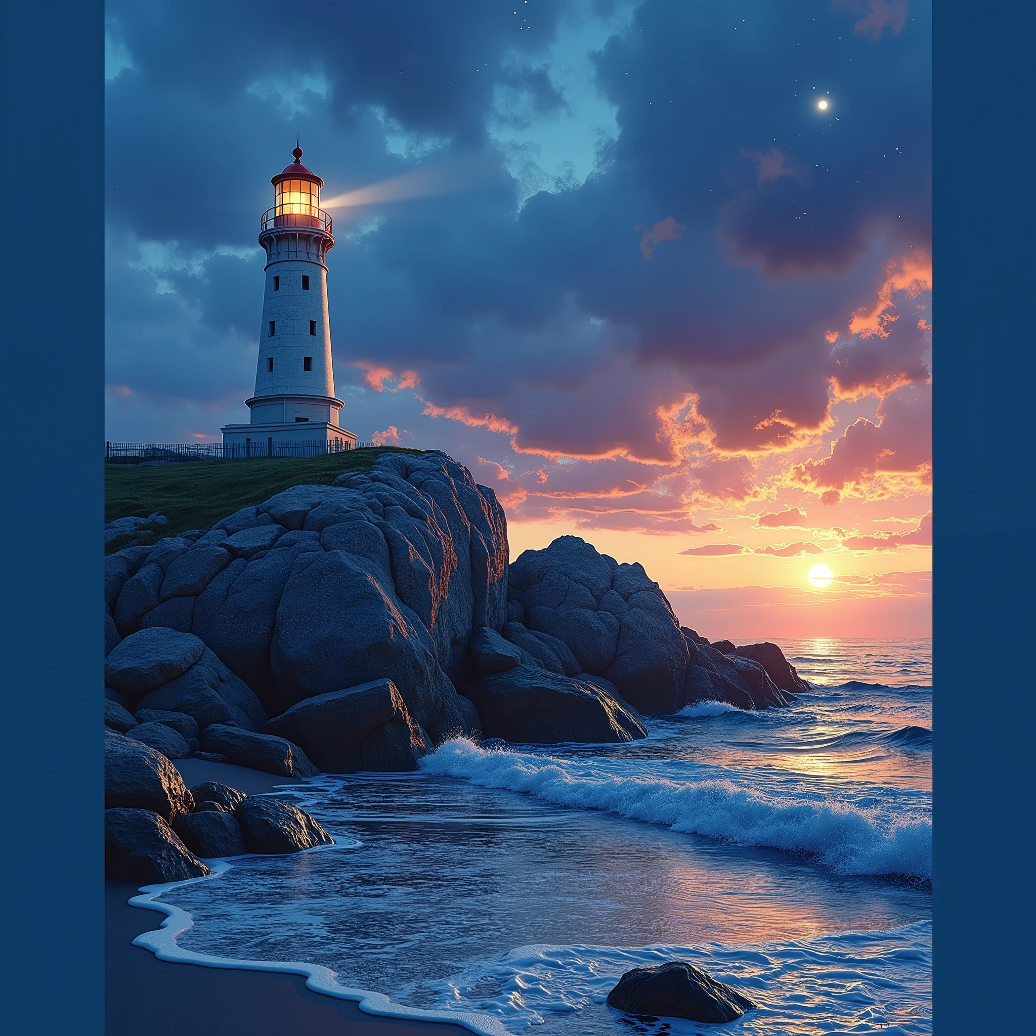 The image depicts a tranquil scene at sunset or sunrise. A lighthouse stands prominently on a rocky outcrop, serving as a beacon of light and safety for seafarers. The lighthouse is illuminated from within, suggesting its active role in guiding vessels. The surrounding sea is calm, with gentle waves lapping against the rocks, indicating a serene environment. The sky is a canvas of colors, with hues of purple, pink, and orange blending into each other, creating a dramatic backdrop. The presence of stars suggests that the scene is set during twilight hours when the night is beginning to fall but has not yet fully arrived. The overall atmosphere is one of peace and solitude, inviting contemplation and reflection.