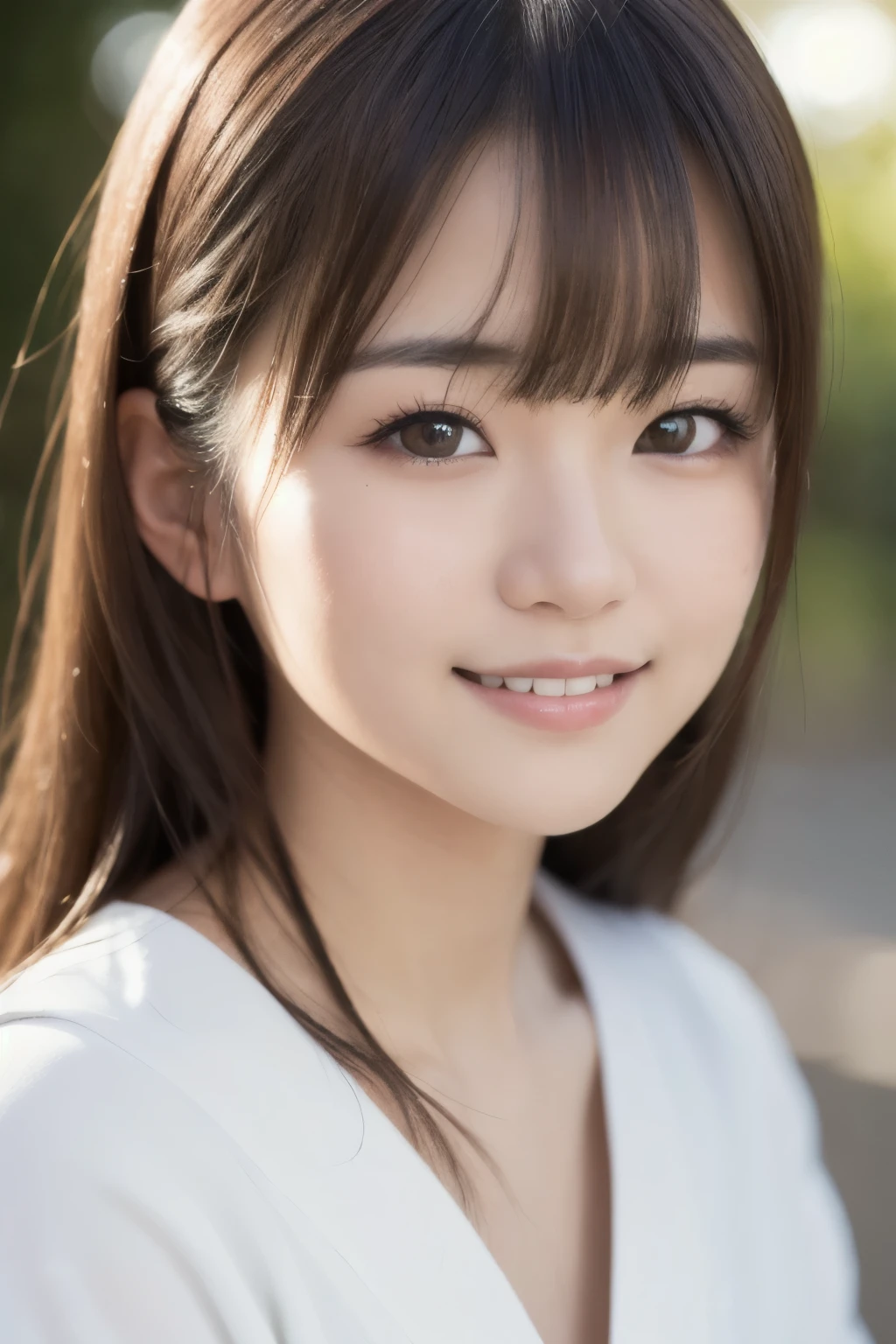 best quality, face focus, soft light, ultra high res, (photorealistic:1.4), RAW photo,(Shinozaki Ai), white skin, kawaii, 1 Japanese girl, solo, cute, (smile), (pupil, lights in the eyes), detailed beautiful face, Medium-sized breasts,(high resolution detail of human skin texture),(long hair),(portrait), upper body, white traditional kimono