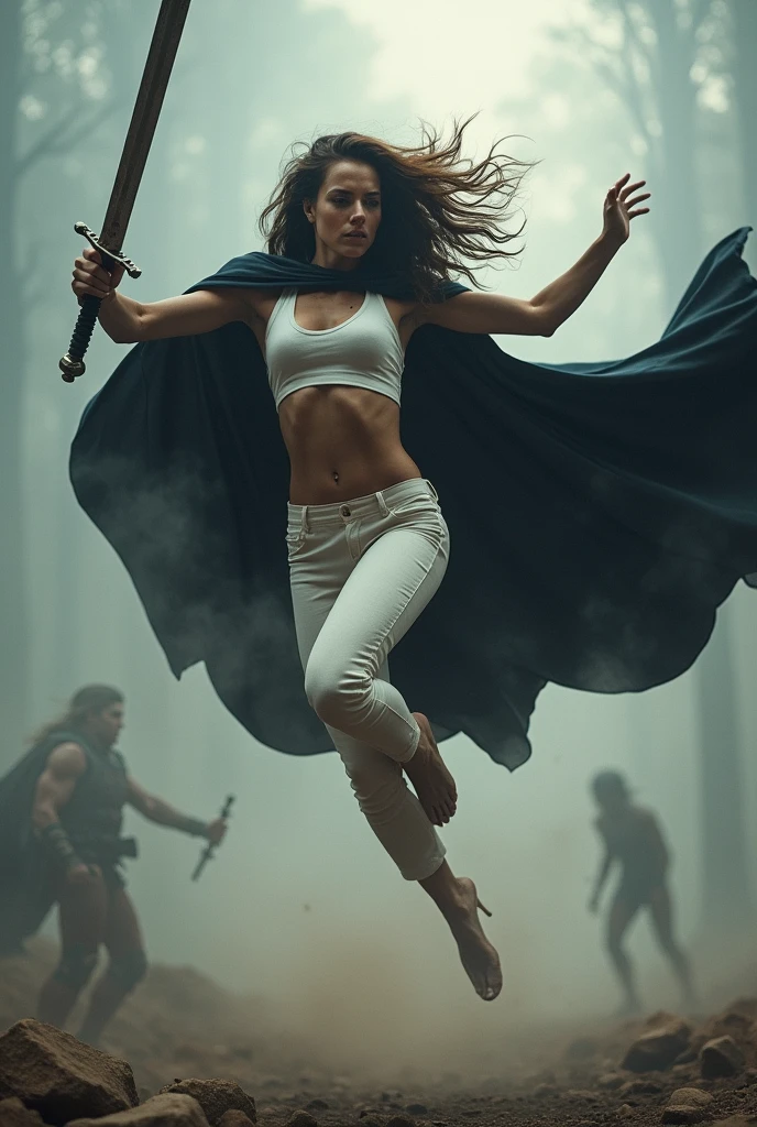 Black Cape　Cool women　Abdominal muscles　pants　white　long　Big Sword　Jump
