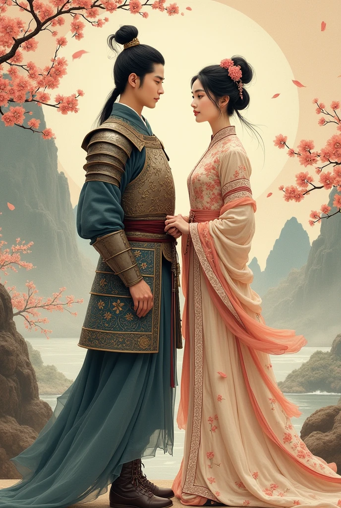 A young Chinese guard stands beside a Chinese woman in a traditional Chinese painting style, with a vintage feel.