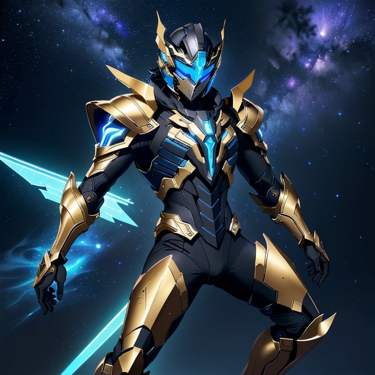 Mostre o capacete da armadura. The image presents a highly detailed and futuristic armor designed for a male warrior. The armor combines elements from different parts to create a cohesive and powerful look.
Helmet: The helmet features a sleek, aerodynamic design with a golden metallic finish. It has a central crest that rises upwards, and the visor glows with a bright blue light, giving it a high-tech, futuristic appearance.
Pauldrons (Shoulder Pads): The shoulder pads are large and wing-like, curving outward and upward, with a polished golden finish. These pads extend slightly beyond the shoulders and include a sleek, angular design, providing both a majestic and powerful look.
Chest Plate: The chest plate is intricately segmented, with a combination of gold and dark metallic blue. It has a gem-like crystal in the center that emits a soft, mystical glow. The design of the chest plate is both protective and regal, with sharp, angular lines that add to the overall futuristic aesthetic.
Arm Guards: The arm guards are sleek and streamlined, with articulated golden and purple segments that offer flexibility and protection. The design of the gauntlets is both robust and elegant, incorporating futuristic elements that blend with the classic style.
Leg Armor: The legs are armored with segmented plates that are primarily gold and purple. The boots are angular and sturdy, with a design that conveys both strength and agility. The overall look of the leg armor is grounded yet sleek, completing the ensemble with a powerful stance.
The background of the image is a dark cosmic scene, filled with distant stars and nebulae that highlight the polished surfaces of the armor. Dynamic lighting is used to emphasize the key features, particularly the glowing visor and central chest gem, reinforcing the mystical and imposing nature of the warrior.