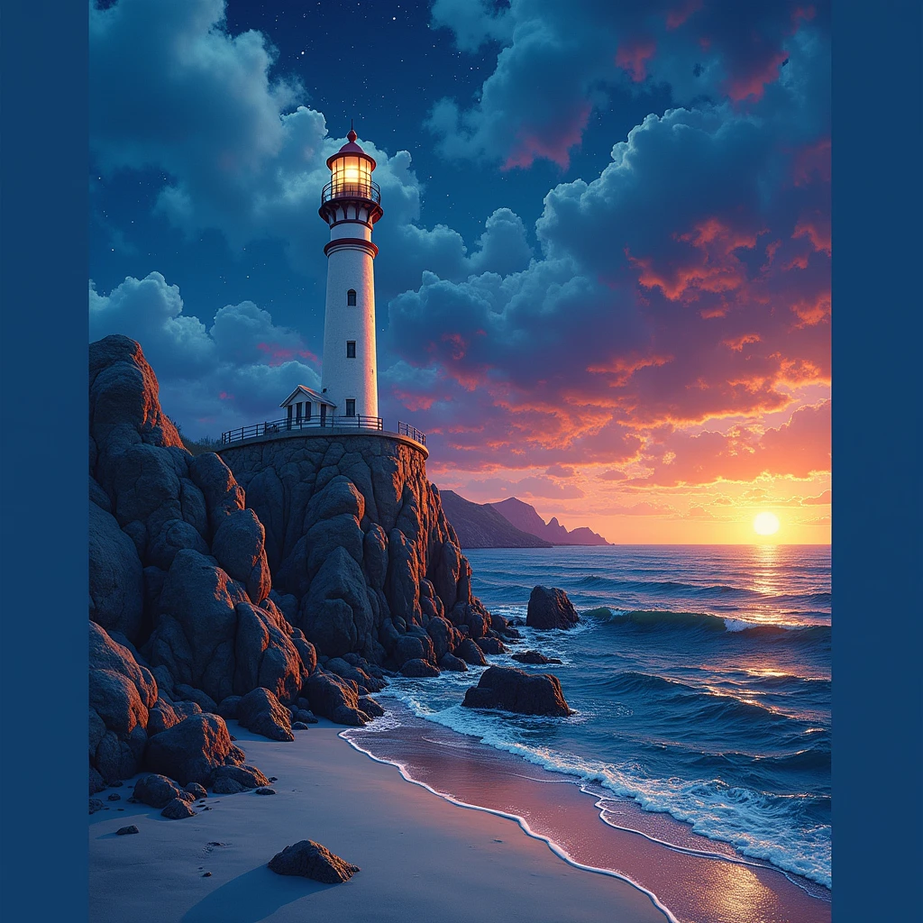 Sunset's warm glow bathes a serene seascape: a sturdy lighthouse stands tall on rugged rocks, its inner light shining bright as a beacon for seafarers. Calm waves lap gently against the shore, while the sky transforms into a kaleidoscope of purple, pink, and orange hues. Stars begin to twinkle, signaling twilight's gentle descent. The atmosphere is tranquil, evoking contemplation and quiet reflection amidst the peaceful scenery.