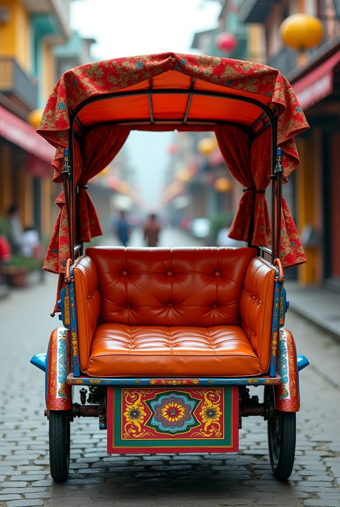 Create a rickshaw with a Pu foam single seat covered have seat belts and having the handlehold both side. Also add a side curtains on rickshaw with an attractive look.