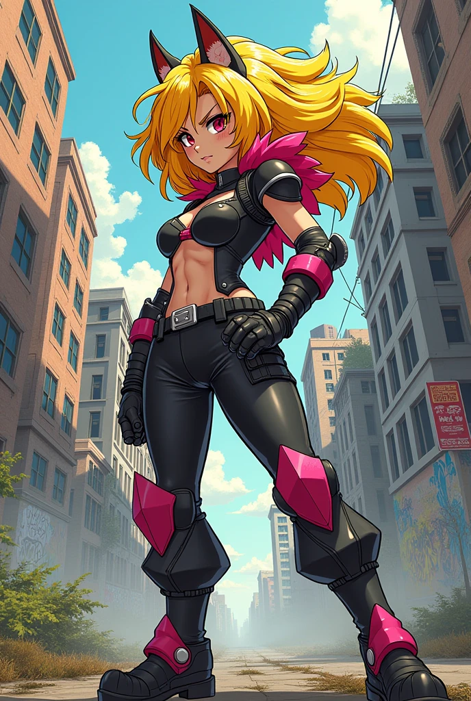 [Boku no Hero Academia] Girl with wavy hair, with a wolf cut and yellow hair with fuchsia highlights, posing in a hero costume similar to the style of Eijiro Kirishima's character, drawn and painted in the style of mangaka Kohei Horikoshi.