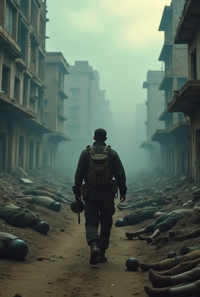 Image of A man walking on a tight road of war. By his two sides of the road there are persons dead from gun shooting. Be creative