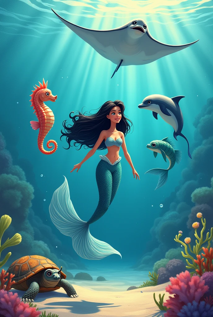 drawing of a little mermaid with black hair, Seahorse, dolphin, sea turtle with glasses, behind a large manta ray