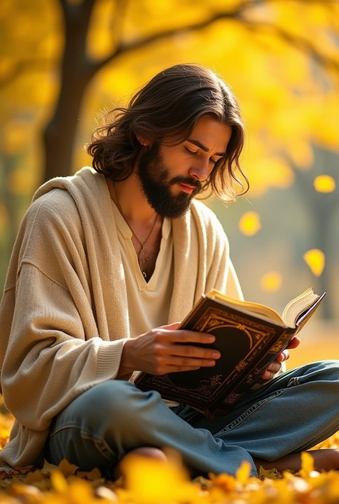 Jesus Christ reading under a yellow ginkgo tree. he is shining Jesus is wearing an off-white knit top and jeans. Jesus of Nazareth is depicted as a gentle, gentle man with shoulder-length hair, reading from a book of gold. His wavy brown hair cascades over his shoulders. His face conveys deep wisdom and empathy, radiating warmth and understanding. Autumn in Japan. Ginkgo leaves are falling. Highly detailed, trending at the art station, sharp focus, studio shot, intricate details, Greg Rutkowski,