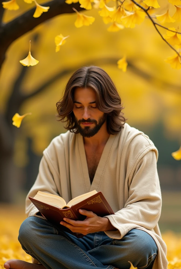 Jesus Christ reading under a yellow ginkgo tree. he is shining Jesus is wearing an off-white knit top and jeans. Jesus of Nazareth is depicted as a gentle, gentle man with shoulder-length hair, reading from a book of gold. His wavy brown hair cascades over his shoulders. His face conveys deep wisdom and empathy, radiating warmth and understanding. Autumn in Japan. Ginkgo leaves are falling. Highly detailed, trending at the art station, sharp focus, studio shot, intricate details, Greg Rutkowski,