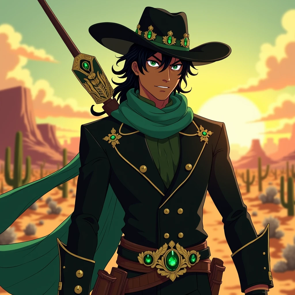 An anime character: a man with dark skin, black hair and green eyes, He is also sporting a short beard.
He wears a black cowboy outfit with green details, including a hat and a long, black scarf.
Ao fundo, a desert of the old Wild West.
He is holding a bow made of magic in an attack position.