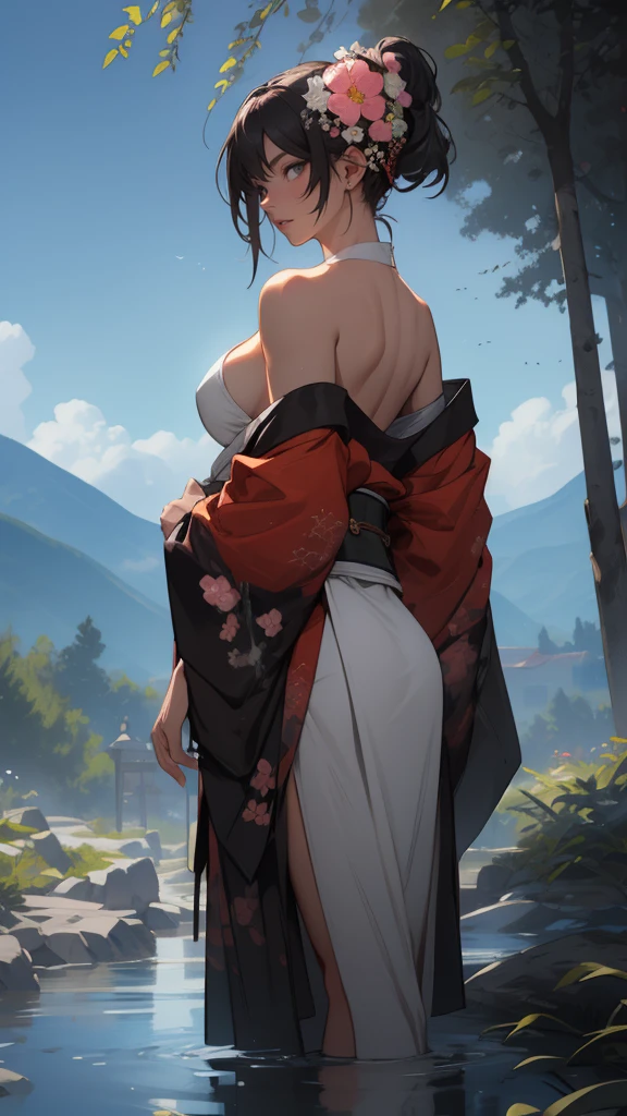 1 girl, breasts big, moonligh, latern, natta, standing alone, big breasts, hair ornament, humida, kimono, Japanese clothing, wandering, water, hair flowers, flowers, plein-air, sky, full moonligh, Raby, Bblack hair, Off The Shoulder, moutain, nube, containment, range, bared shoulders, latern de papela, standing, white kimono, natta sky, sideboob, Heart, humida clothes, bangss, tree, from sideways, reflection, shorth hair, nubey sky, humida hair (((work of art),(Extremely detailed CG 8k unity wallpaper),best qualityer,,standing alone,1 girl,cinematic lighting,detailed back ground,beautiful detailed eyes,shiny pupils, (extremely delicate and beautiful),(Beautiful and detailed description of the eyes)， ultra detali,work of art,)),
