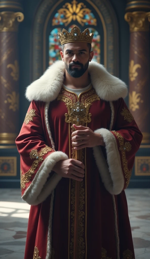 Imposing, strong, and handsome Emperor wearing a crown and holding a scepter