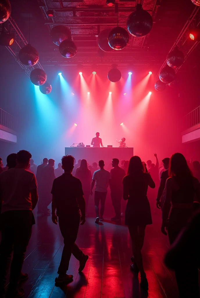 A nightclub with a dance floor in the center, DJ booth, with VIP area, with red LED lights, and lots of lights