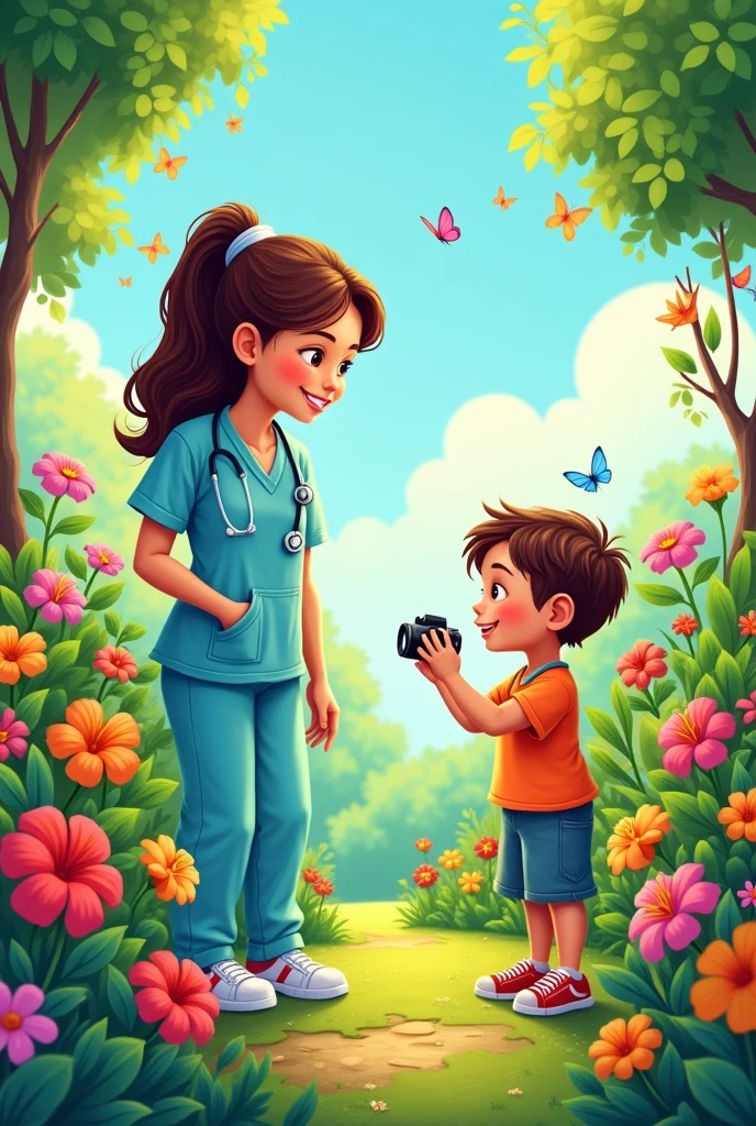 A Nursing with a photography boy in the garden cartoon image