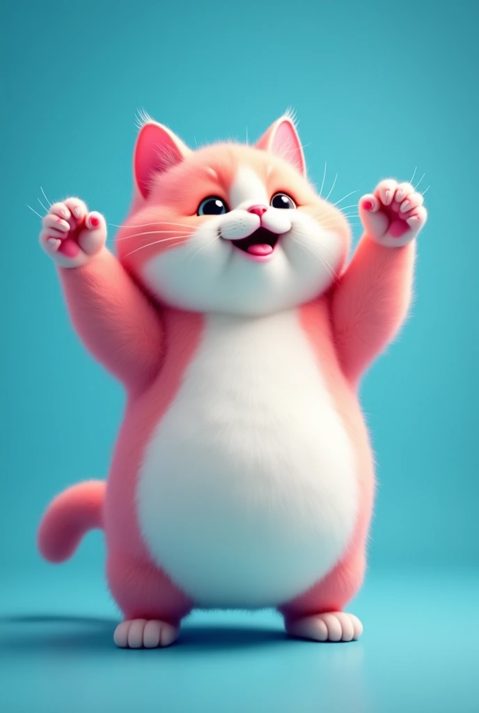 Create an image of a cute, chubby cat with a round, plump body, standing on its hind legs and raising its front paws as if lifting a heavy object. The cat is colored in pink and white, with realistic textures that enhance its adorable appearance. The background is a vivid, detailed blue, providing a striking contrast to the cat. The overall image should be sharp, realistic, and convey the cat's effort and charm effectively