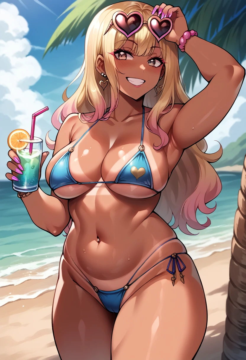 ((sexy girl ,gyaru)) , fantasy, fantasy tops, long blonde hair, tan skin, and a small waist. gyaru gal, long hair down, sexy, cute, y2k, gyaru gal, beach, colorful, bikini, smiling, blue bikini, pale skin, tan lines, chubby, chubby body, heart sunglasses, holding drink, posing