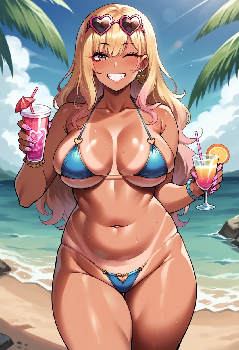 ((sexy girl ,gyaru)) , fantasy, fantasy tops, long blonde hair, tan skin, and a small waist. gyaru gal, long hair down, sexy, cute, y2k, gyaru gal, beach, colorful, bikini, smiling, blue bikini, pale skin, tan lines, chubby, chubby body, heart sunglasses, holding drink, posing