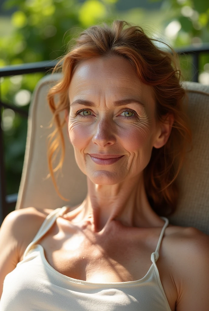 photographie portrait demi-corps d’une très belle femme âgée réaliste, allongé sur une chaise longue sur un balcon, peau de porcelaine, peau très claire, peau très pâle, Roux, ondulé, queue de cheval, quelques taches de rousseur, des yeux noisette aux reflets verts, yeux bridés, petit nez,  narine, pensez aux sourcils courbés, lèvre inférieure épaisse, regard séduisant, mine réjouie, visage unique, photo de détail, photo réaliste, photo de pièce maîtresse, image nette, lumière du jour claire en extérieur