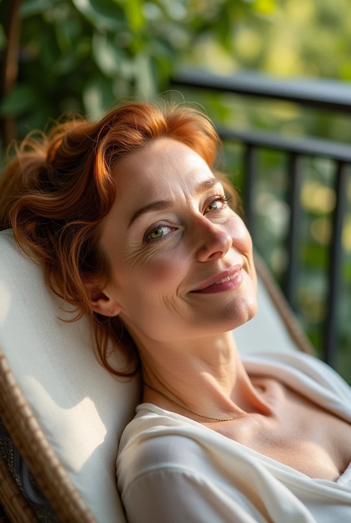 photographie portrait demi-corps d’une très belle femme âgée réaliste, allongé sur une chaise longue sur un balcon, peau de porcelaine, peau très claire, peau très pâle, Roux, ondulé, queue de cheval, quelques taches de rousseur, des yeux noisette aux reflets verts, yeux bridés, petit nez, narine, pensez aux sourcils courbés, lèvre inférieure épaisse, regard séduisant, mine réjouie, visage unique, photo de détail, photo réaliste, photo de pièce maîtresse, image nette, lumière du jour claire en extérieur