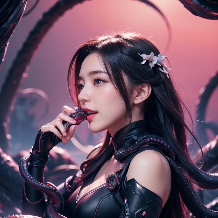 Medium Size Display, Medium Shot, Written boundary depth, Upper Body, Movie angle, masterpiece, Highest quality, Very detailed, CG, 8k wallpaper, Beautiful Face, Delicate eyes, Otome, alone, smile,  Has tentacles, Wedding dress, Tentacles all around、woman with tentacles、Octopus、open mouth,（((Eating tentacles)))