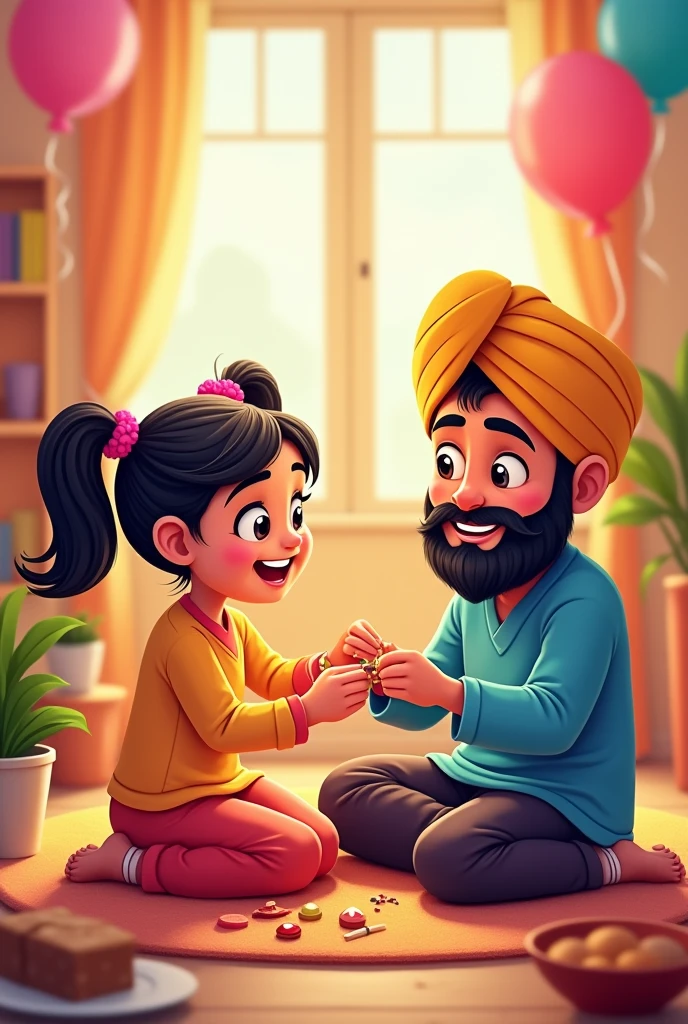 Kid Sister tying rakhi on sikh brother + and cartoon style kids