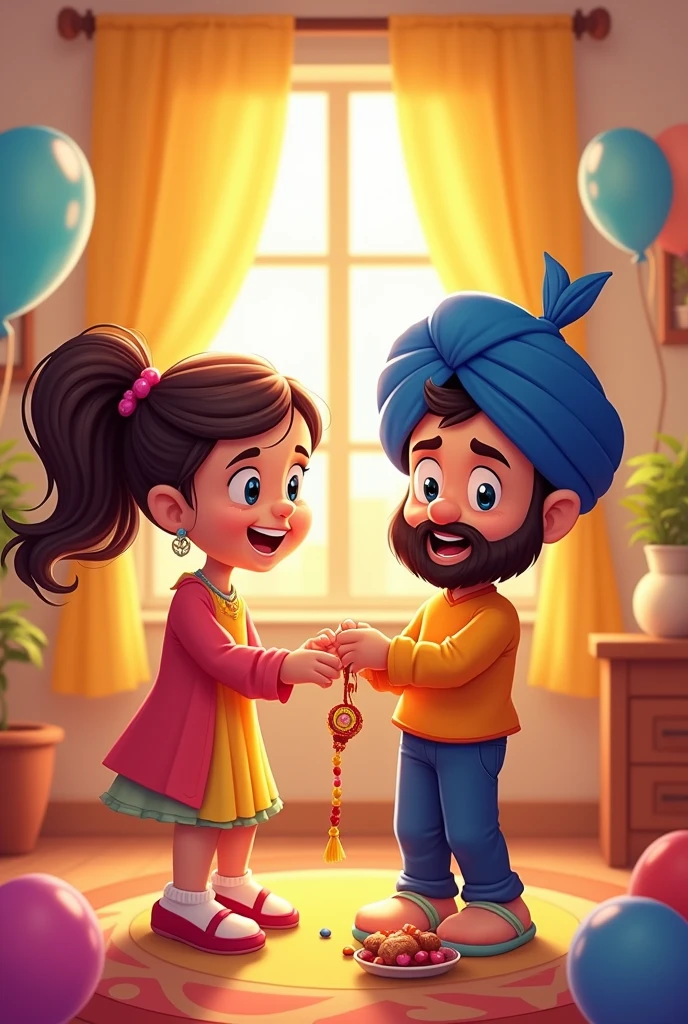??? Sister tying rakhi on  sikh brother +   and cartoon style  kids