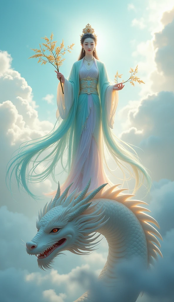 A statue of Guanyin standing on a white dragon and holding a vase of divine water with willow branches. (A vase is not a jar.) I want a big dragon floating down from the sky. Please make Guanyin look like a human, not a statue. Let her hold a willow branch in one hand, and make sure the dragon's head is visible. Have her standing on the dragon.