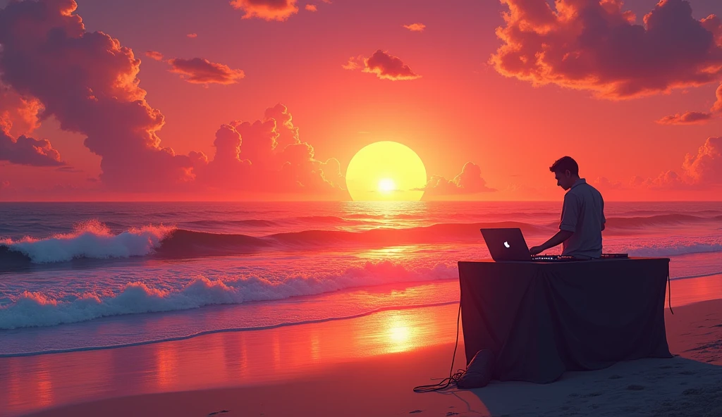 A lonely DJ on a beach, a beautiful sunset, beautiful and enchanting horizon, illustration, edm music
