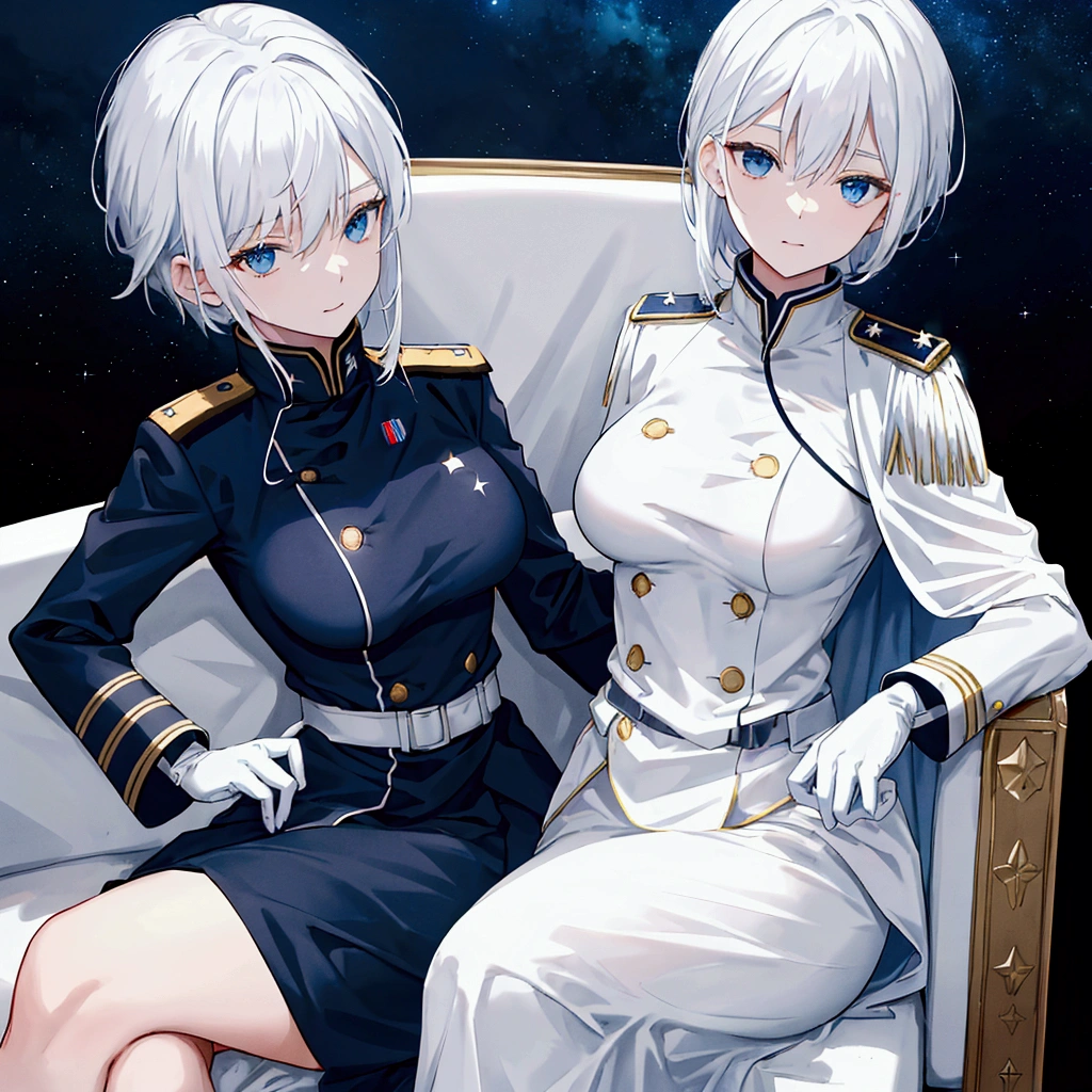 Night sky background, night time, Military uniform, dark blue uniform, white cape, white glove, 1woman, solo, white hair, high collar, shining hair, medium-large breast, sitting on couch, facing viewer, arrogant,