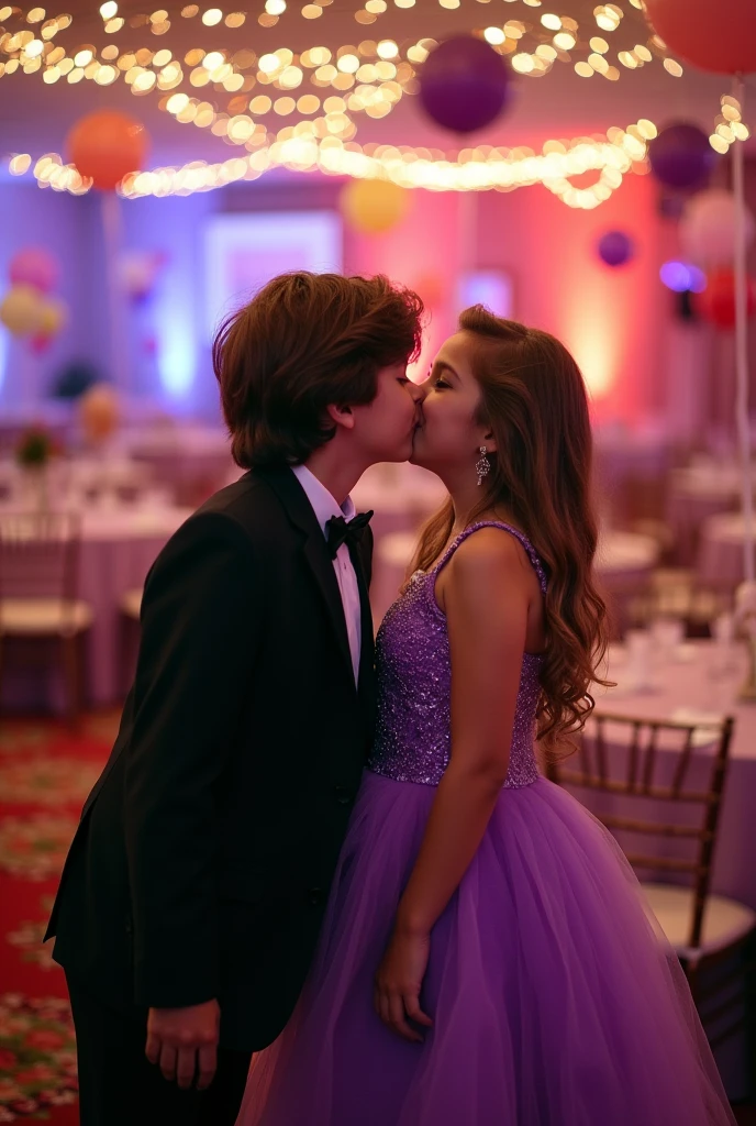 A boy in a black suit,with wavy hair kissing a girl in a purple spaghetti strap dress,in the background of a graduation-themed party hall