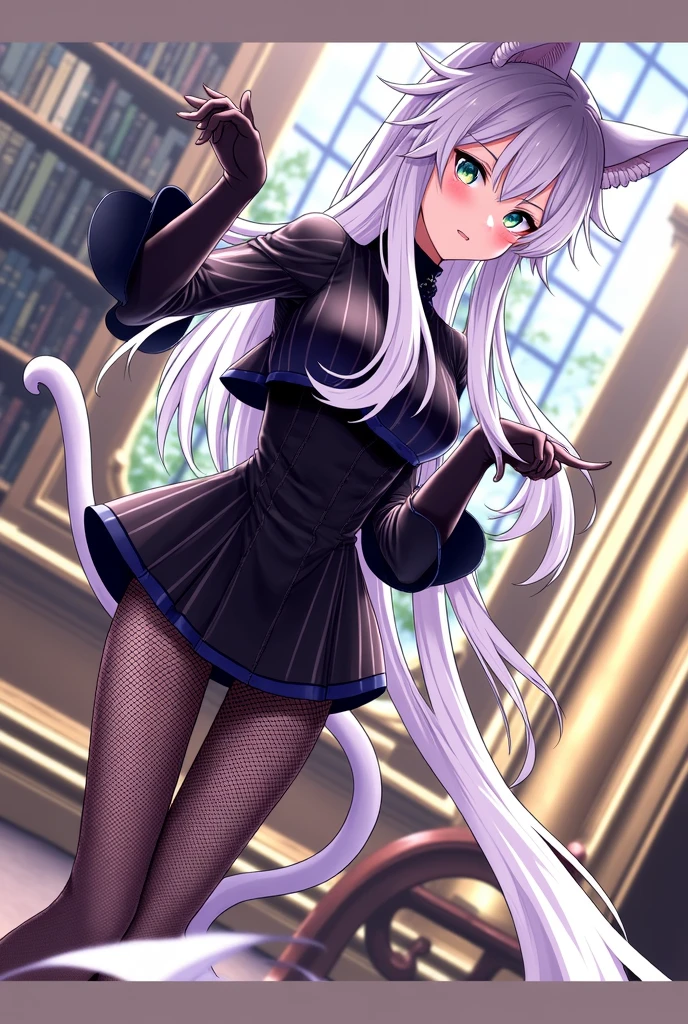 ((best quality)), ((masterpiece)), (detailed), ((highres)), In lavish manor library,  extremely long white hair. Fluffy white cat ears. Long white cat tail on butt, 1catgirl, 20 year old, Curvy body, shy, timid, scared, nervous, Blushing, naked. Heterochromatic eyes, one blue eye, one gold eye. No shoes, black fishnets,
