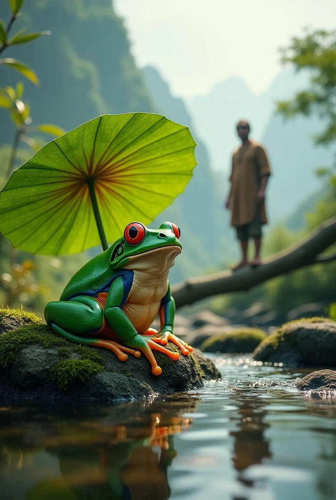 A fat green tree frog，Ultra-realistic，high resolution，Standing with a lotus leaf umbrella，letters on the screen,The background is a small stream deep in the mountains，Back view of a man standing on a branch