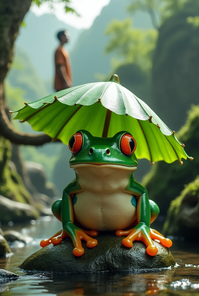 A fat green tree frog，Ultra-realistic，high resolution，Standing with a lotus leaf umbrella，letters on the screen,The background is a small stream deep in the mountains，Back view of a man standing on a branch