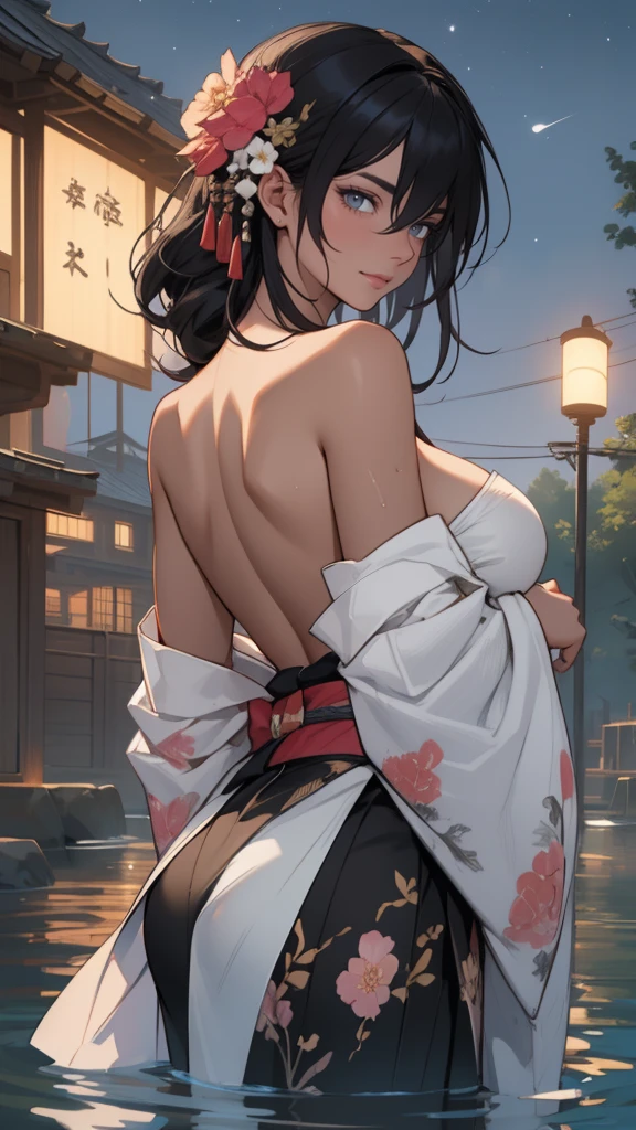 1 girl, breasts big, moonligh, latern, natta, standing alone, big breasts, hair ornament, humida, kimono, Japanese clothing, wandering, water, hair flowers, flowers, plein-air, sky, full moonligh, Raby, Bblack hair, Off The Shoulder, moutain, nube, containment, range, bared shoulders, latern de papela, standing, white kimono, natta sky, sideboob, Heart, humida clothes, bangss, tree, from sideways, reflection, shorth hair, nubey sky, humida hair (((work of art),(Extremely detailed CG 8k unity wallpaper),best qualityer,,standing alone,1 girl,cinematic lighting,detailed back ground,beautiful detailed eyes,shiny pupils, (extremely delicate and beautiful),(Beautiful and detailed description of the eyes)， ultra detali,work of art,)),
