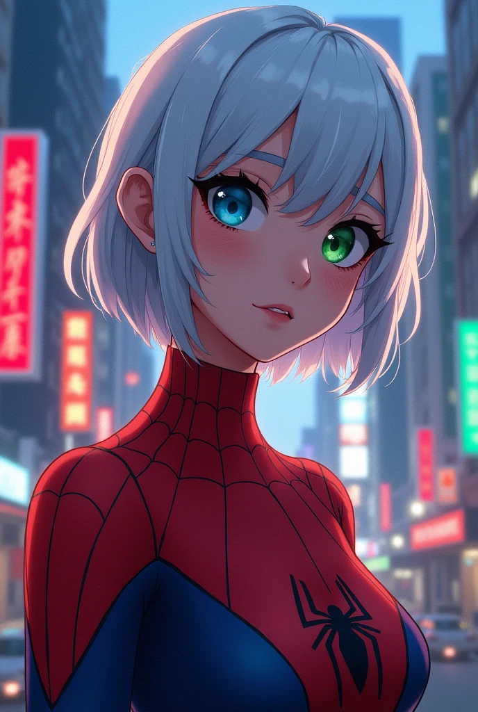 anime style, young adult woman, with one blue eye and one green eye, short white hair.
With a spiderman suit