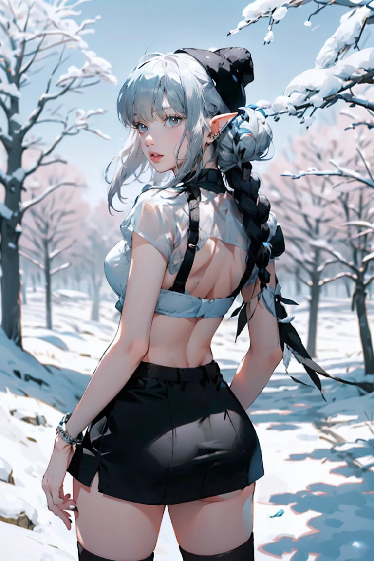 Silver Hair, (Rear View, Rear View),(Highest quality,High resolution,Very detailed,Actual),Target,A world covered in silver, Snow covered branches, toque Chill de invierno, Snowflakes dance like elves, Turning the world into a silver fairy tale, Chill, Quiet and beautiful snow scenery., Cozy and quiet, (Ocean Art 2.1), (Background Frozen white trees Snow falling:1.4) , (Beautiful Blue Eyes、Big stone black eye:1.4) , (Realistic) ,8K high quality, detailed art, Fan Art Best Art Station, Fantasy art style, ((A short, sheer black miniskirt:1.4)) ,(Thong), Stockings Bra, Leggings White,Sexy Body