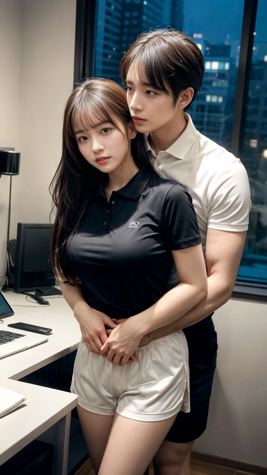A handsome CEO with his beutiful girlfriend, having sexual intercourse together with him in his luxury office at night. While he carefully romantically falls down her hair., Hug from behind., low ponytail, beautiful flowing hair, bangs, A tight polo shirt that expresses the roundness and softness of your chest.,Don't expose it,Protruding big, Erotic shorts, Standing Elegantly、beautiful thick legs